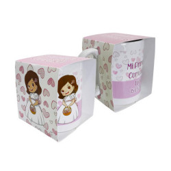 TAZA NIÑA COMUNIÓN ROSA EN CAJA PERSONALIZADA