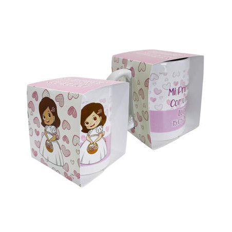 TAZA NIÑA COMUNIÓN ROSA EN CAJA PERSONALIZADA