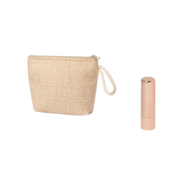 SET DE MONEDERO MAS BRILLO LABIAL PRESENTADO EN BOLSA DE CELOFÁN Y LAZO BEIGE, PACK DE 24 UNIDADES.
